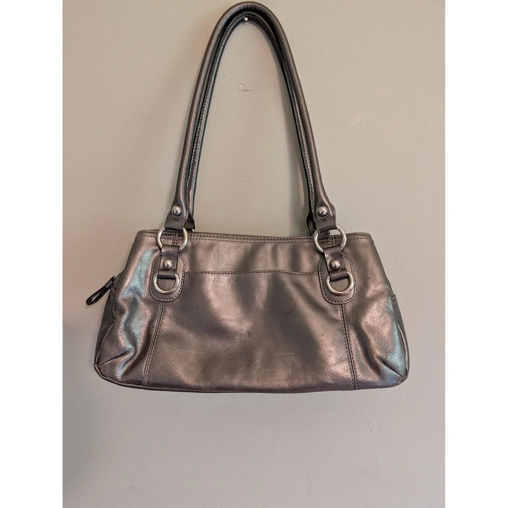 Vintage Y2K Giani Bernini Metallic Pewter Leather Shoulder Bag Silver Hardware